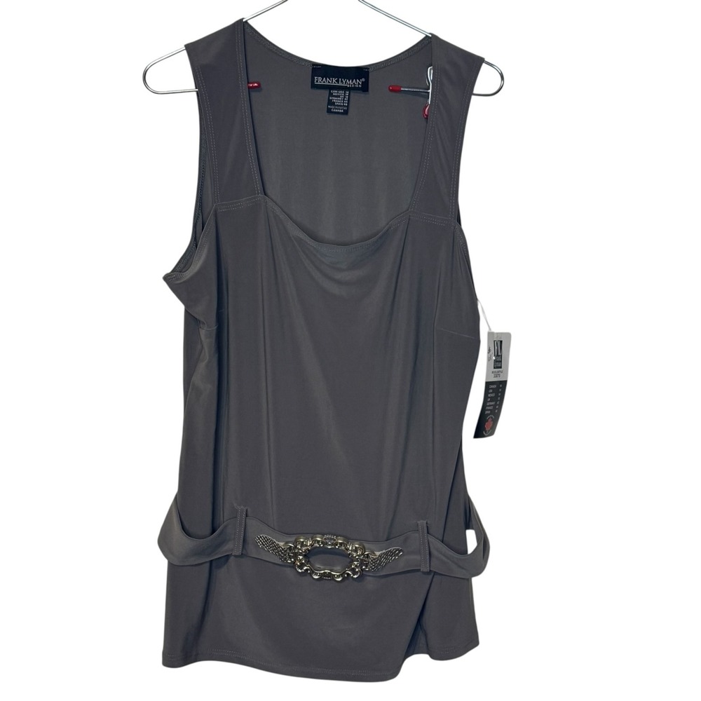 Frank Lyman Womens Top Sleeveless Gray Tunic Glam Embellished Belt Size 14 NWT